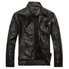 Mandotos men's leather outerwear jacket, stylish and durable with a smooth black leather finish and classic design.