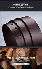 Genuine leather men's casual belt with metal buckle, cowhide design, suitable for jeans and business wear by MANDOTOS.