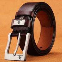 Mandotos genuine leather men's casual belt with a metal buckle, cowskin design, suitable for business or cowboy style.