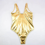 Glam Gold and Silver Metallic Swimsuit by MANDOTOS featuring shiny, reflective fabric and a stylish fitted design.