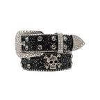 Glitzy Skull Fashion Belt by MANDOTOS featuring a sparkling skull design on a stylish black belt.
