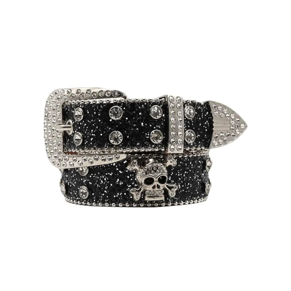 Mandotos Glitzy Skull Fashion Belt with sparkling embellishments, featuring a bold skull buckle and stylish design.