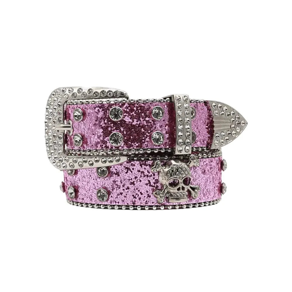 Mandotos Glitzy Skull Fashion Belt with sparkling embellishments and silver-tone buckle, stylish accessory for edgy outfits.