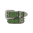 Mandotos Glitzy Skull Fashion Belt with sparkling embellishments and metal buckle, stylish accessory for edgy outfits.