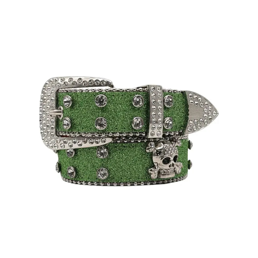 Mandotos Glitzy Skull Fashion Belt with sparkling embellishments and metal buckle, stylish accessory for edgy outfits.