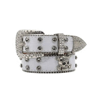 Mandotos Glitzy Skull Fashion Belt with sparkling embellishments and skull buckle, stylish accessory for edgy outfits.