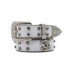 Mandotos Glitzy Skull Fashion Belt with sparkling embellishments and black leather strap, stylish accessory for edgy outfits.