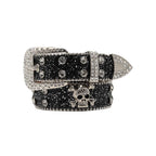 Mandotos Glitzy Skull Fashion Belt with sparkling embellishments and black strap, stylish accessory for edgy outfits.