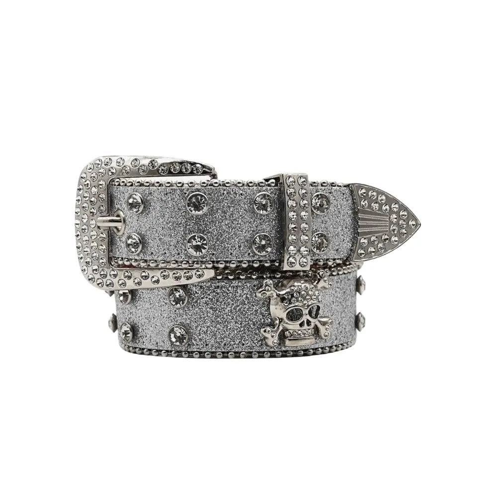 Mandotos Glitzy Skull Fashion Belt with sparkling embellishments and black leather strap, stylish accessory for edgy outfits.