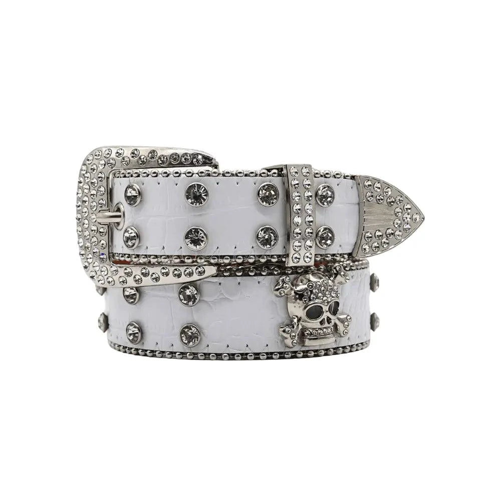 Mandotos Glitzy Skull fashion belt featuring a shiny skull buckle and stylish black leather strap.
