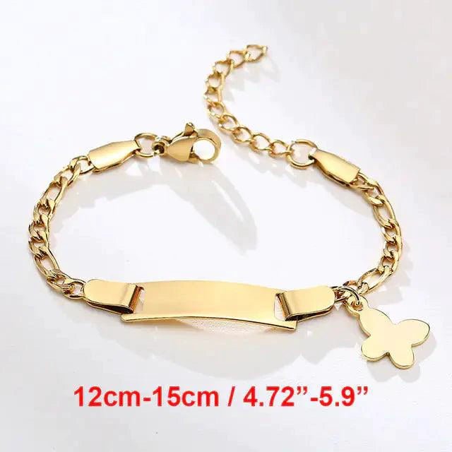 Gold butterfly charm bracelet for kids by MANDOTOS, featuring delicate butterfly pendants and adjustable chain.