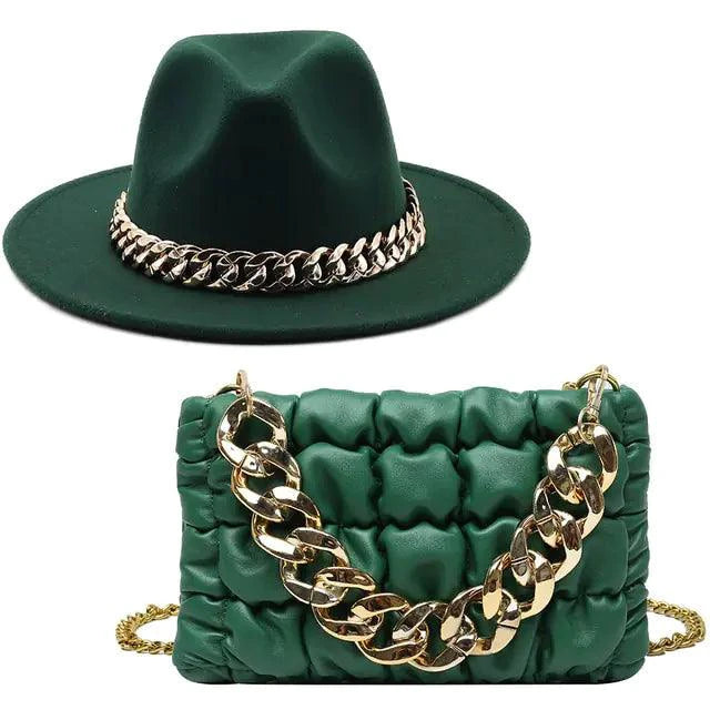 Luxury gold chain fedora hat by MANDOTOS featuring a stylish design and elegant gold chain detail.