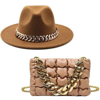 Luxury gold chain fedora hat by MANDOTOS featuring a stylish design and classic fedora shape.