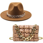 Mandotos gold chain fedora hat with luxurious design, featuring a stylish gold chain detail on the brim.