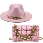 Mandotos luxury gold chain fedora hat with stylish design, featuring a wide brim and decorative gold chain detail.