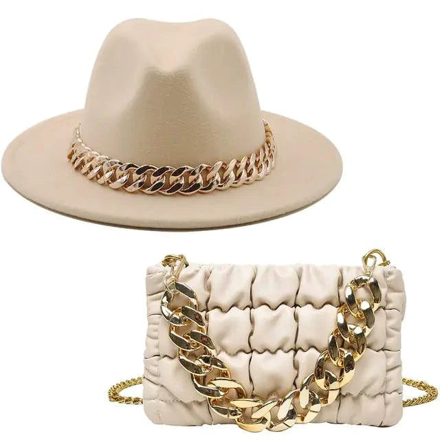Mandotos gold chain fedora hat featuring a stylish luxury design with gold chain accents and a classic fedora shape.
