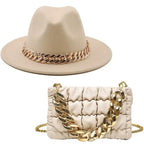Mandotos gold chain fedora hat featuring a stylish luxury design with gold chain accents and a classic fedora shape.