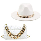 Mandotos luxury gold chain fedora hat with stylish design and wide brim, featuring a sophisticated and fashionable look.