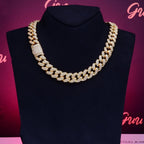 Mandotos Gold Shine Iced Cuban Chain featuring a luxe style upgrade with thick gold links and sparkling iced detailing.