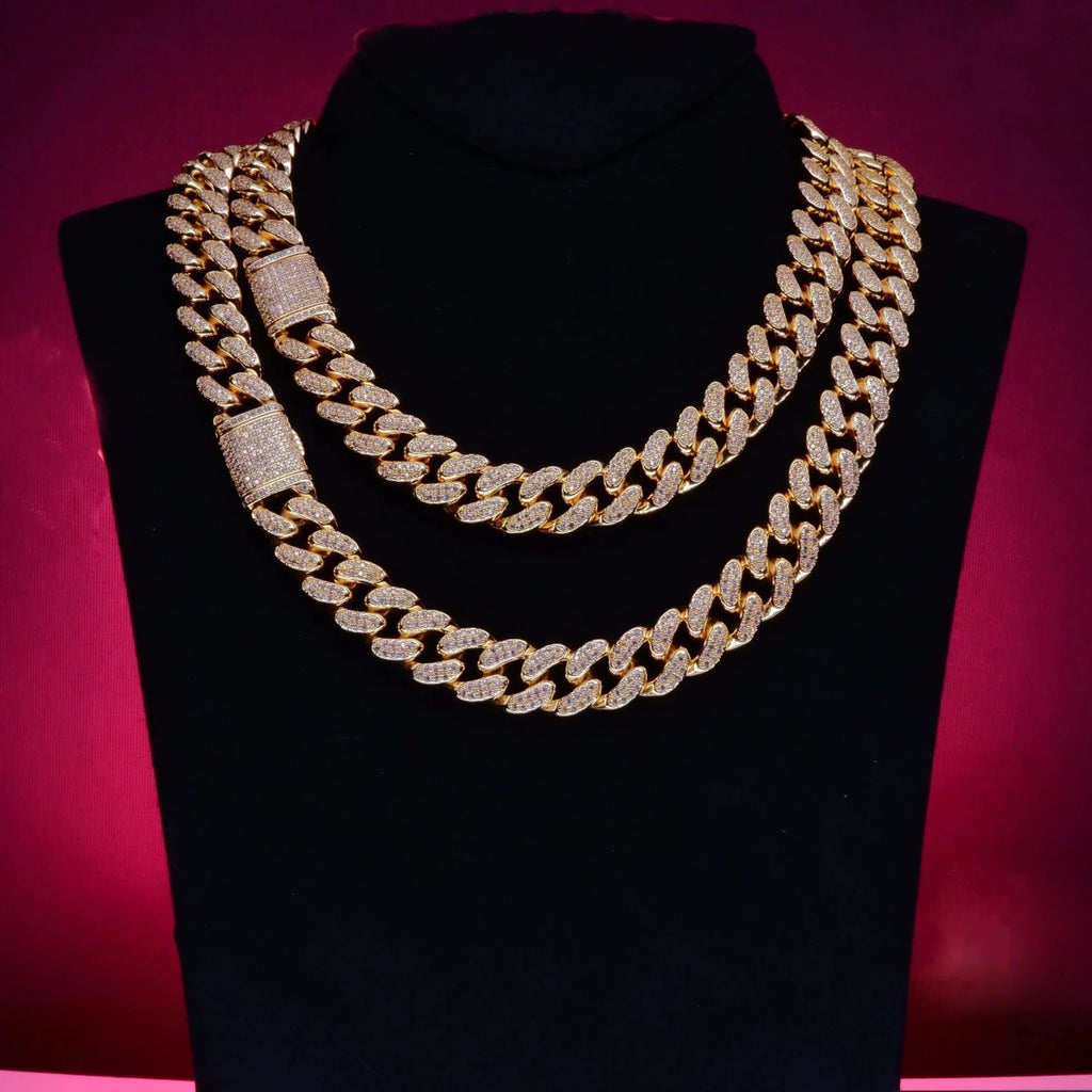 Mandotos Gold Shine Iced Cuban Chain with sleek, luxe style and sparkling ice detailing, perfect for a bold jewelry statement.