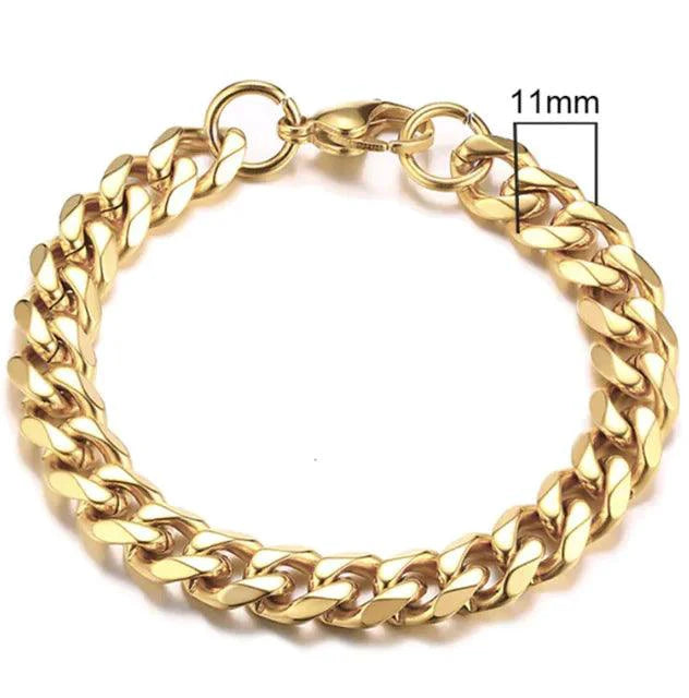 Gold-tone stainless steel Cuban bracelet by MANDOTOS, featuring 3-11mm wide links, stylish and durable jewelry accessory.