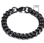 Gold-tone stainless steel Cuban bracelet by MANDOTOS, featuring 3-11mm wide interlocking chain links.