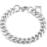 Gold-tone stainless steel Cuban bracelet by MANDOTOS, featuring 3-11mm wide interlocking chain links.