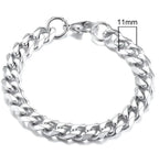 Gold-tone stainless steel Cuban bracelet by MANDOTOS, featuring 3-11mm wide interlocking chain links.