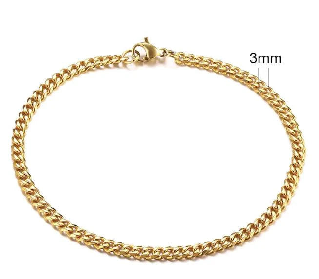 Gold-tone stainless steel Cuban bracelet by MANDOTOS, featuring 3-11mm links, displayed on a neutral background.