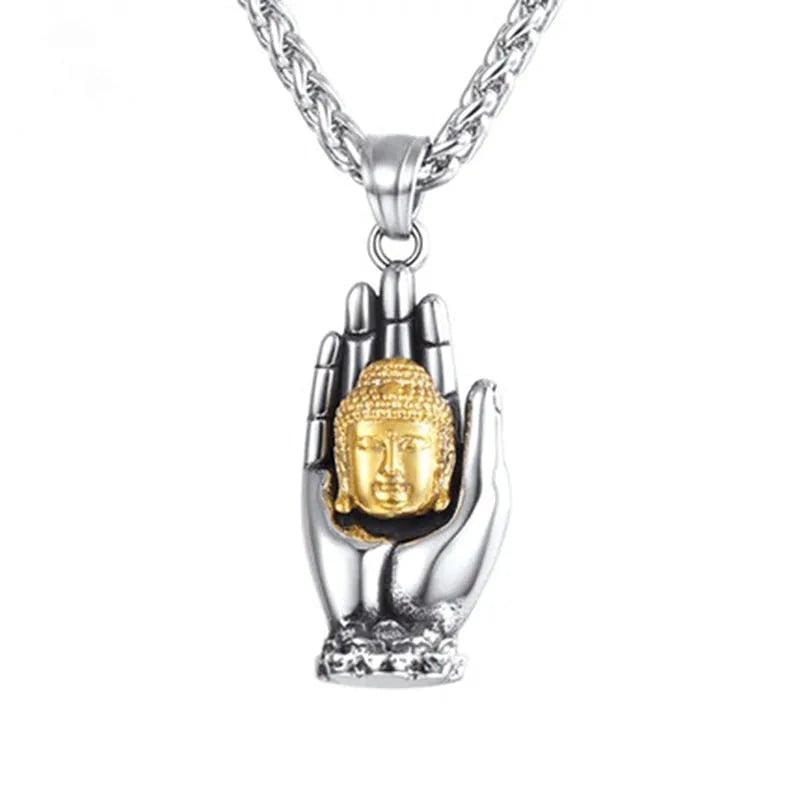 Golden Buddha pendant by MANDOTOS featuring intricate design and polished gold finish, hanging on a delicate chain.