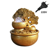 Mandotos Golden Prosperity Tree Fountain with flowing water and intricate golden design, decorative indoor or outdoor garden ornament.