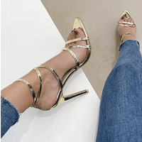 Golden strappy stiletto pumps by MANDOTOS with slender heels and elegant design, perfect for formal or evening wear.