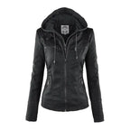 Gothic faux leather jacket by MANDOTOS with silver zipper and tailored fit, displayed on a mannequin against a dark background.