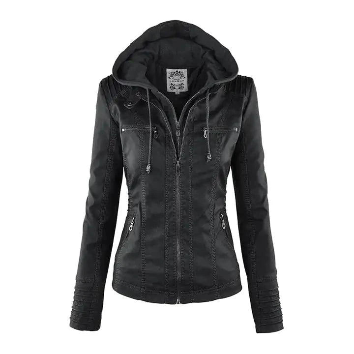 Gothic faux leather jacket by MANDOTOS with silver zipper and tailored fit, displayed on a mannequin against a dark background.