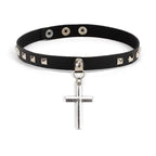 Mandotos Harajuku Punk Cross Choker with metal chain and cross pendant, showcasing edgy fashion accessory on a black background.