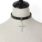 Mandotos Harajuku Punk Cross Choker featuring a black leather band with metal cross pendant for edgy fashion style.