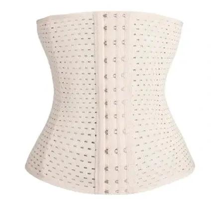Mandotos Hot Waist Trainer Corset showing a black, high-compression waist cincher with adjustable straps and hook-and-eye closures.