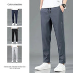 Mandotos Ice Silk men's summer pants in black and gray, outdoor breathable straight-leg casual sweatpants with elastic waist.