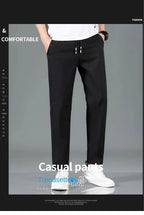 Mandotos Ice Silk men's summer casual pants in black and gray, breathable, elastic, straight-leg design for outdoor and business wear.