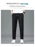 Mandotos Ice Silk men's summer black and gray casual pants with elastic waistband, straight-leg, breathable, lightweight outdoor sweatpants.