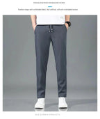 Mandotos Ice Silk men's summer casual pants in black and gray, slim fit, breathable, outdoor elastic straight-leg sweatpants.
