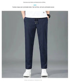 Mandotos Ice Silk men's summer casual pants in black and gray with elastic waistband, breathable straight-leg design, outdoor style.