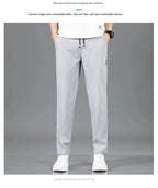 Mandotos Ice Silk men's summer black and gray casual pants with elastic waistband, breathable straight-leg design, suitable for outdoor wear.