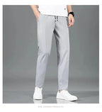 Mandotos Ice Silk men's summer pants in black and gray, lightweight, breathable, straight-leg casual or outdoor sweatpants.