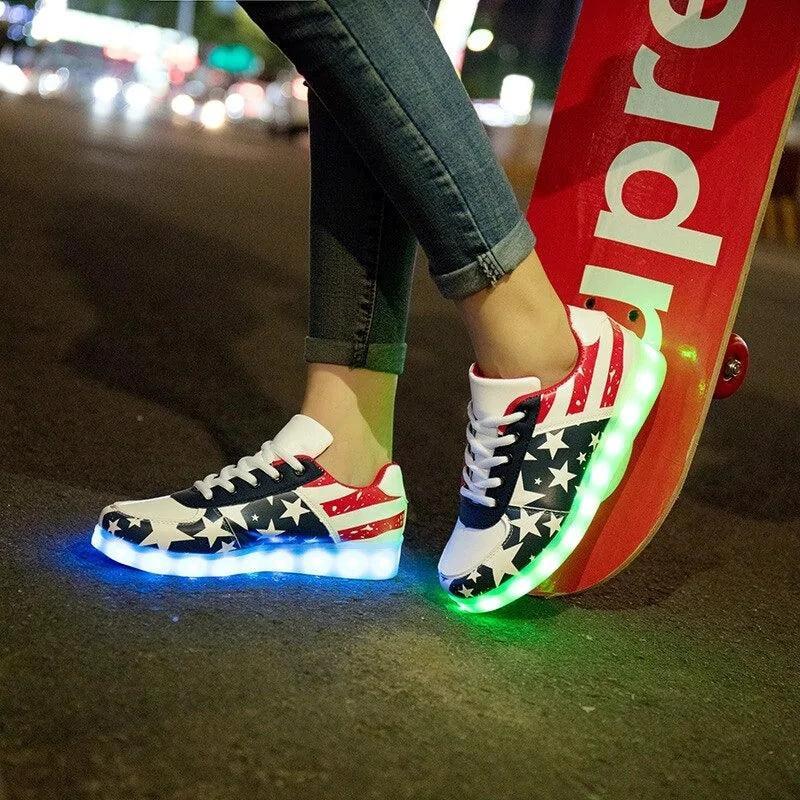 Mandotos LED light-up sneakers with sparkling soles, designed to illuminate with colorful lights as you walk.