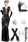 1920s Gatsby sequin gala dress with matching accessories by MANDOTOS INTERNATIONAL, featuring shimmering sequins and vintage elegance.