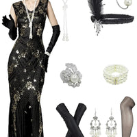 1920s Gatsby sequin gala dress by MANDOTOS INTERNATIONAL with matching accessories, featuring shimmering sequins and vintage-inspired design.