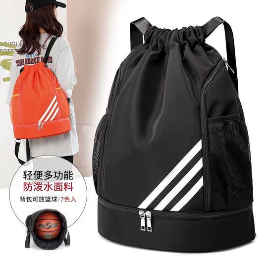 Mandotos International 2024 drawstring backpack with front pocket, large capacity, suitable for outdoor training, travel, and gym use.