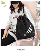 Mandotos International 2024 drawstring backpack with large capacity, outdoor training, basketball, gym, and travel bag features.