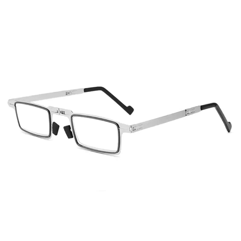 Mandotos International 2024 SleekFold Anti-Blue Light Reading Glasses with slim black frame and clear lenses.